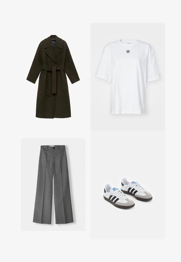Ciemnozielony wełniany płaszcz z szerokim kołnierzem, długimi rękawami, paskiem w talii i bocznymi kieszeniami, o prostym kroju i miękkiej teksturze.; Biała, krótko rękawowa koszulka z bawełny. Posiada okrągły dekolt oraz małe, czarne logo Adidas na klatce piersiowej. Proste zakończenie.; Szare spodnie typu wide-leg z prążkowanym wzorem, z zapięciem na guzik i dwoma przednimi kieszeniami. Wykonane z teksturowanej tkaniny.; Buty sportowe z białą skórzaną cholewką, szarym zamszowym noskiem i trzema czarnymi paskami. Posiadają niebieskie logo na języku oraz teksturowaną gumową podeszwę.