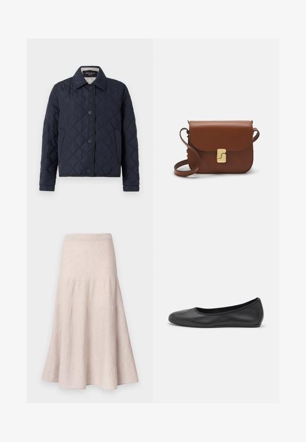 Marineblaue, gesteppte Jacke mit Kragen, Knopfverschluss vorne und Seitentaschen, mit Rautensteppmuster und langen Ärmeln.; Weißes kurzärmliges T-Shirt aus geripptem Stoff. Runder Halsausschnitt, normale Passform und dezente Nähte. Keine Muster oder Grafiken.; Hellbeiger ausgestellter Rock aus weichem Stoff, mit hoher Taille und gerafftem Design sowie einer fließenden Silhouette.; Schwarze Leder-Ballettschuhe mit abgerundeter Spitze, glatter Textur, minimalen Nähdetails und einem flexiblen Sohlen-Design.; Braune Ledertasche mit Klappenverschluss, Beschlägen in Goldfarbe, einem Schultergurt und einer glatten Oberfläche. Kompakte rechteckige Form.