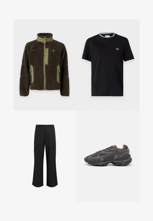 Tumepruun fliiskrae kõrge kaelusega, oliivroheliste aktsentidega, lukuga esikülg ja küljetaskud ning struktuurne, pehme pind.; Must värvi puuvillane T-särk ümmarguse kaelusega, millel on valge ja roheline triibuline äärestus ning vasakul rinnal brodeeritud roheline krokodilli logo.; Mustad mustad püksid kergest kangast, millel on lõdva istuvuse, kaks suurt küljetaskut ja nup closure.; Tumed hallid Lacoste tossud, mis on valmistatud võrkkangast ja sünteetilisest materjalist, omavad tekstureeritud talla ning pruune aktsente kaeluse ja brändingu juures.