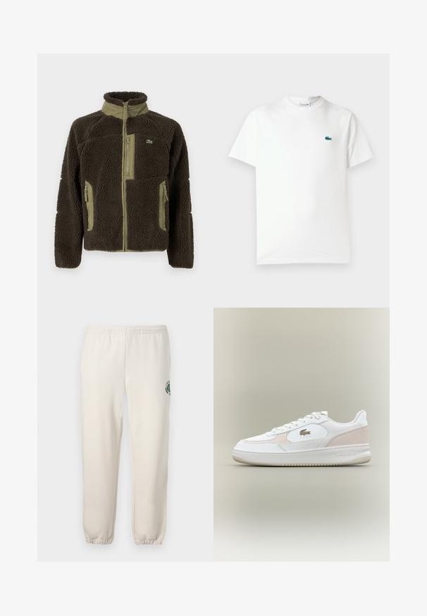 Mörkbrun fleecjacka med hög krage, olivgröna detaljer, dragkedja fram och sidofickor, samt en strukturerad, mjuk yta.; Vit bomullströja med rundad hals, korta ärmar och en liten grön broderad krokodil-logotyp på vänster bröst.; Ljusbeige sweatpants i bomull, med resårmidja, ribbade manschetter och en grön logotyp med bladdesign på vänster ben.; Vita sneakers med slät läderöverkänsla, anteckningsdetaljer och gummisula. Har präglad logo och snörningsdesign. Minimalistisk estetik.