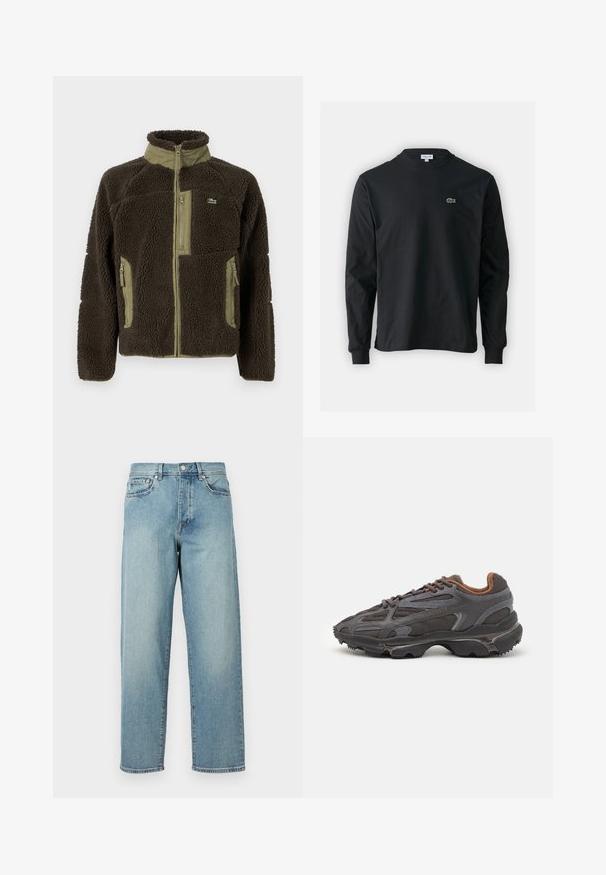 Chaqueta de forro polar marrón oscuro con un alto cuello, detalles en verde aceituna, cierre con cremallera en la parte frontal y bolsillos laterales, y una superficie suave y texturizada.; Camiseta de manga larga negra de algodón, con escote redondo y un pequeño logo de cocodrilo bordado en verde en el lado izquierdo del pecho.; Jeans de mezclilla azul claro con un corte amplio, piernas rectas, diseño de cinco bolsillos y cierre de botón en la cintura. Detalle de costura minimalista.; Zapatillas Lacoste en gris oscuro con material de malla y sintético, que cuentan con una suela texturizada y detalles en marrón en el cuello y la marca.