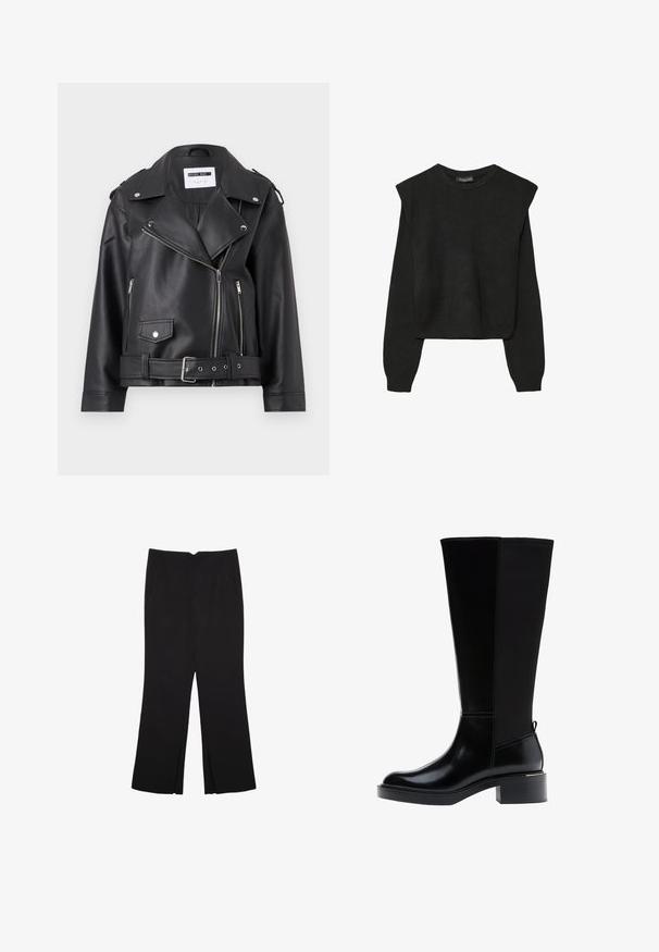 Crna faux kožna biker jakna sa srebrnim patentnim zatvaračima, pojasom u struku i epoletama. Ima široki ovratnik i asimetrično kopčanje na cijeloj dužini.; Crna pletena dugoslojna majica sa podloženim ramenima i rebrastim manžetama i rubom, prikazana na bijeloj pozadini.; Crne hlače ravnog kroja, s prednjim džepovima i bočnim prorezima na rubu. Izrađene od mekog i glatkog materijala. Pogodne za razne prigode.; Crna čizma do koljena s glatkom kožnom završnom obradom, istaknutim šavovima, masivnom petom i teksturiranim stražnjim panelom za dodatni interes.