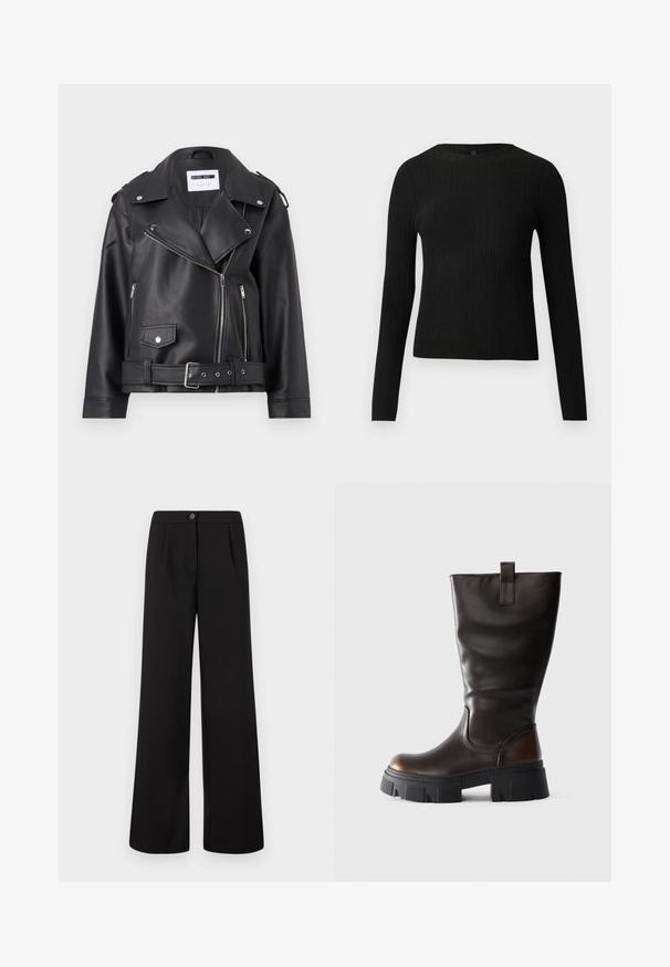 Zwarte nepleer motorjack met zilveren ritssluitingen, ceintuur in de taille en epauletten. Voorzien van een brede kraag en een asymmetrische ritssluiting aan de voorkant.; Zwarte geribde langochtriem trui met een ronde halslijn, weergegeven tegen een effen lichte achtergrond.; Zwarte high-waist wijde broek met een sluiting aan de voorkant met knoop en rits, met subtiele plooien onder de tailleband.; Hoge zwarte leren laars met chunky zwarte plateauzool en bruine accent op de hak, zij-aanzicht op een lichtgrijze achtergrond.