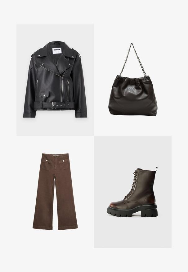 Crna faux kožna biker jakna sa srebrnim patentnim zatvaračima, pojasom u struku i epoletama. Ima široki ovratnik i asimetrično kopčanje na cijeloj dužini.; Smeđi kratki rukav majica od mekog materijala, s okruglim izrezom i opuštenim krojem. Nema vidljivih uzoraka ili naglasaka.; Smeđe široke hlače od pamuka, s dva prednja džepa sa srebrnim dugmadima i glatkom teksturom.; Tamnosmeđi kožni čizme na vezanje s debelim crnim đonom i petnim rukohvatom, prikazane u profilu na bijeloj pozadini.; Smeđa kožna torba s naboranim vrhom i lančićem za nošenje. Glatka tekstura s sjajnim završetkom i suptilnim šavnim detaljima sa strane.