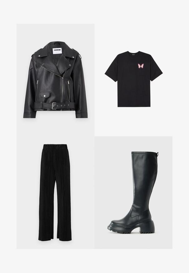 Melnā mākslīgās ādas motociklistu jakā ar sudraba rāvējslēdzējiem, jostu viduklī un epauletiem. Īpaši iezīmē platā apkakle un asimetrisks priekšējais rāvējslēdzējs.; Melna kokvilnas T-krekls ar īsām piedurknēm, kuram priekšā kreisajā pusē ir neliels rozā tauriņa grafiskais attēls. Ar apaļu kaklu un brīvā stila piegriezumu.; Melni plīšu bikses ar elastīgu jostu. Tām ir platākas kājas un gluda, teksturēta auduma ar vertikālām svītrām.; Augstas melnas ādas zābakus ar masīvu platformu un bloka papēdi, ar vilkšanas cilpu un strukturētu profilu uz ārējā zoles.