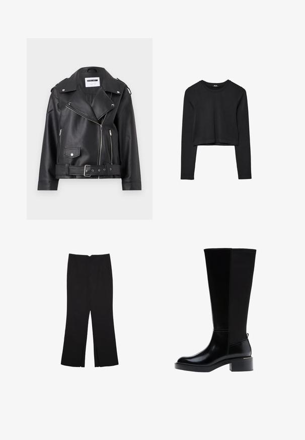 Svart bikermantel i konstläder med silverfärgade dragkedjor, bälte i midjan och axelklaffar. Har en bred krage och asymmetrisk dragkedjestängning framtill.; Svart långärmad croppad topp med rund halsringning, enkel design och en något rundad nederkant.; Svarta byxor med rak passform, utrustade med framfickor och sidoklyvningar vid fållen. Tillverkade av mjukt, slätt tyg. Lämpliga för olika tillfällen.; Svart knähög stövel med slät läderfinish, framträdande sömmar, klumpig klack och en texturerad bakpanel för extra detalj.
