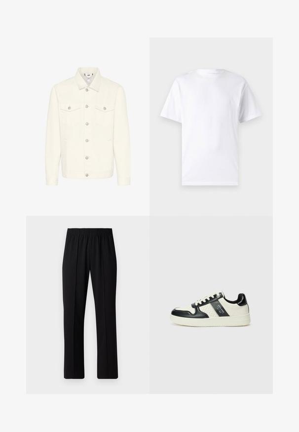 Valge teksajakk, millel on kraega kaelus, esine nupulukk ja kaks rinna taskut. Sile tekstuur, pikad varrukad ja hõbedased detaljid.; Valge lühikeste varrukatega T-paita, mis on valmistatud puuvillast, laheda kaelusega. T-särk on sileda tekstuuri ja lihtsa disainiga, ilma mustrite või aksessuaarideta.; Mustad, elastse puusärgid sirge säärega, mis on sileda tekstuuriga ja ilma nähtavate mustrite või riistadega.; Nahatud nahkkingad musta ja kreemi värviskeemiga, millel on perforeeritud aktsendid, pehme krae ja tekstureeritud tallad.