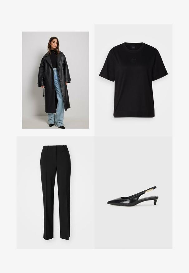 Czarny skórzany płaszcz trench z dużym kołnierzem, podwójnym zapięciem z przodu i zawiniętymi mankietami, w połączeniu z jasnoniebieskimi dżinsami w fasonie dzwonów.; Czarny bawełniany t-shirt z okrągłym dekoltem, krótkimi rękawami i haftowanym logo na piersi. Prosty, luźny krój bez wzorów.; Czarne spodnie o dopasowanym kroju z prostymi nogawkami, o gładkiej fakturze i wyraźnych zagięciach z przodu. Bez widocznych elementów metalowych.; Czarne skórzane szpilki typu slingback z ostrym noskiem, posiadające smukły obcas i złoty akcent na regulowanym pasku. Gładka tekstura.