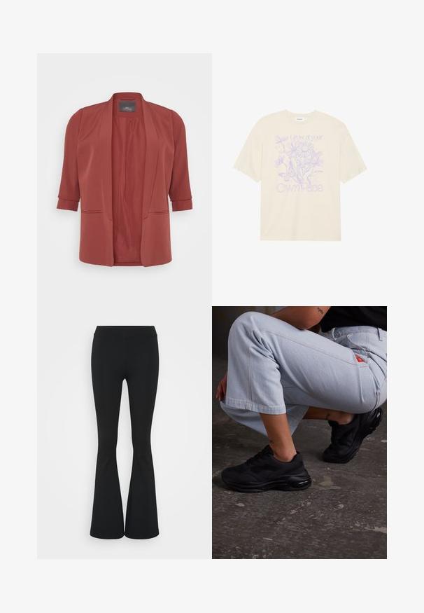 Rozsdaszínű női blézer, testre szabott dizájn, háromnegyedes ujj, nyitott elülső rész, sima textura, két elülső zsebbel.; Krém színű, puha anyagból készült póló, lilás virágmintával, amelyen a "Növekedj a saját tempódban" szöveg középen található.; Fekete harangszárú nadrág, rugalmas anyagból készült, magas derékkal és sima felülettel. A nadrág a térdtől kezdve bővül.; Fekete sportos sneaker egy texturált felsőrésszel, vastag talppal és levegőpárnázással. Világoskék, cropped nadrággal párosítva, laza öltözetben.