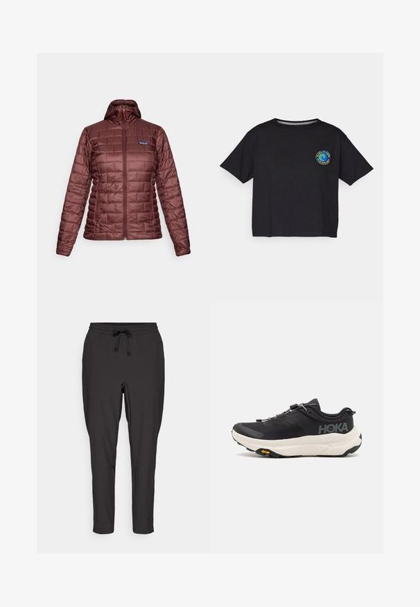 Veste matelassée à capuche pour femmes, de couleur bordeaux, avec une fermeture éclair sur le devant et des poches latérales, logo Patagonia sur la poitrine.; T-shirt noir en coton à manches courtes avec un logo circulaire multicolore sur la poitrine. Ourlet droit et coupe décontractée.; Pantalons de jogging noirs avec une taille élastique, détail de cordon de serrage et poches latérales. Fabriqués en tissu lisse et léger.; Baskets de sport noires avec une tige en mesh respirant, une semelle en caoutchouc, un intermédiaire de coussin en blanc et des lacets réfléchissants. Logo Vibram sur la semelle.