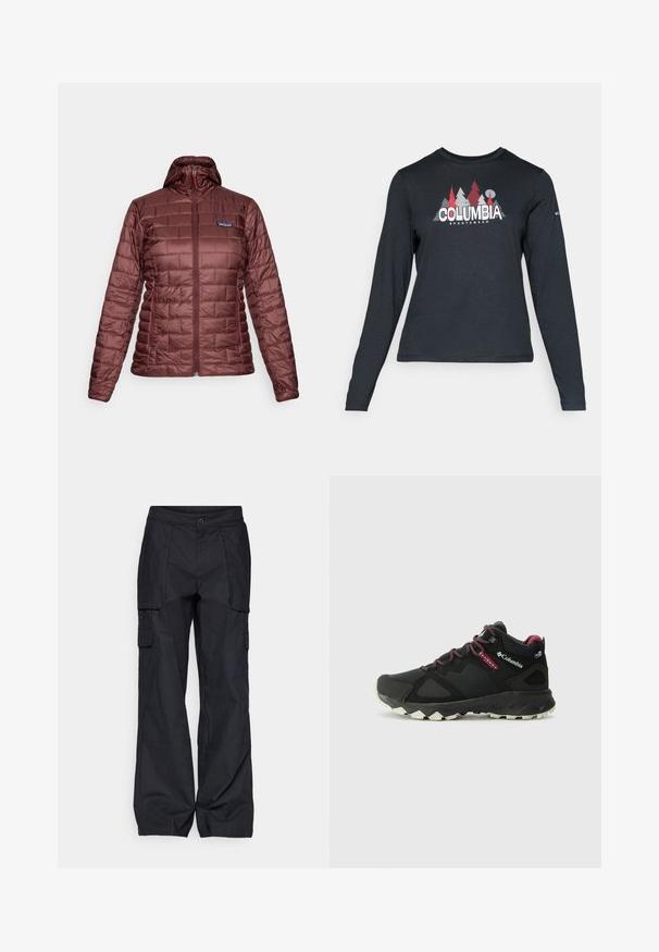 Naiste tumepunane tikandiga kapuutsiga jope, täis esikinnitus ja küljetaskud, Patagonia logo rinnal.; Pikend varrukatega tumehall särk, millel on punaste puude ja mägede graafika; "COLUMBIA" logo julge valge tekstiga. Pehme kangas, tavaline ümmargune kaelus.; Columbia BREA FALLS™ COTTON RIPSTOP PANT - Õuepüksid - black; Columbia PEAKFREAK HERA MID - Matkajalatsid - black/deep madeira
