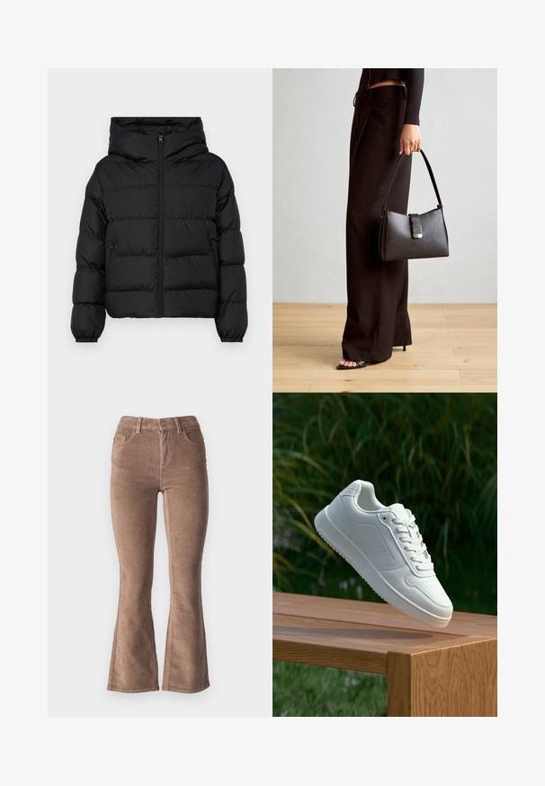 Μαύρο φούτερ μπουφάν με κουκούλα; διαθέτει μπροστινό φερμουάρ, ελαστικές μανσέτες και πλευρικές τσέπες; έλασης σχεδίαση με λείο φινίρισμα.; Μαύρη μπλούζα με στερεό σώμα και διάφανες, φαρδιές μανίκες. Διαθέτει διακοσμητικές ζώνες στους καρπούς. Φτιαγμένη από μαλακό ύφασμα με εφαρμοστό σχέδιο.; Καφέ καμπάνα παντελόνι από κοτλέ με ραβδωτή υφή, που διαθέτει ψηλή μέση, πέντε τσέπες και κλείσιμο με κουμπί μπροστά.; Λευκό αθλητικό παπούτσι με λείο συνθετικό επάνω μέρος, περforατισμένη μύτη, επίπεδα κορδόνια και υφασμένη σόλα, εκτεθειμένο σε ξύλινη επιφάνεια.; Μαύρη τσάντα χειρός με δομημένο σχήμα, λεία υφή και μεταλλικό κούμπωμα. Συνδυασμένη με φαρδιά μαύρα παντελόνια και σανδάλια ανοιχτής μύτης πάνω σε ξύλινο πάτωμα.