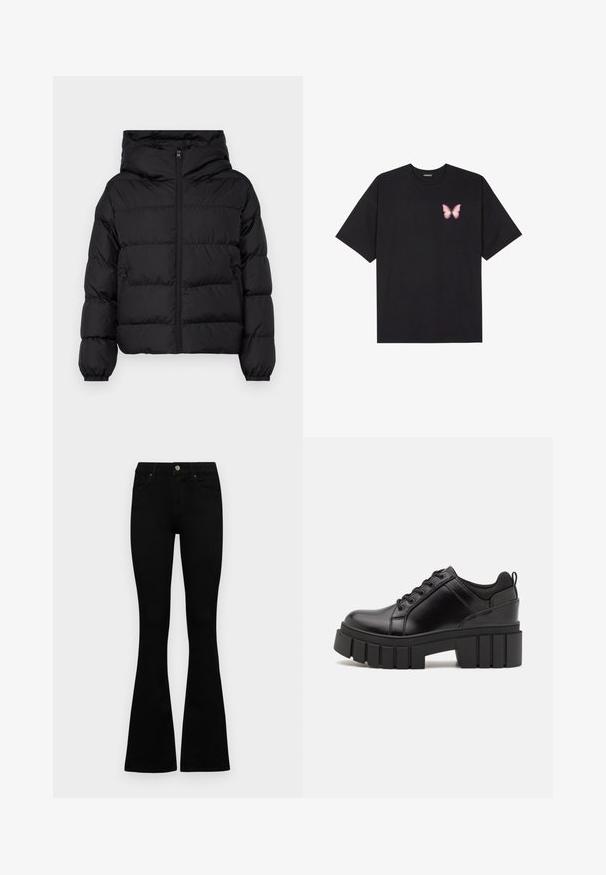 Čierna zateplená bunda s kapucňou; má zips vpredu, elastické manžety a bočné vrecká; prešívaný dizajn s hladkým povrchom.; Čierne bavlnené tričko s krátkymi rukávmi, s malým ružovým motýlikom na ľavej hrudi. Design s okrúhlym výstrihom a uvoľneným strihom.; Čierne vysoké nohavice s gombíkom a zipsom, predné vrecká a rozšírené nohavice položené na bielom pozadí.; Čierne kožené platformy s masívnym blokovým podpätkom, okrúhlou špičkou a tradičným šnurovaním. Má hladký povrch a minimálne detaily.