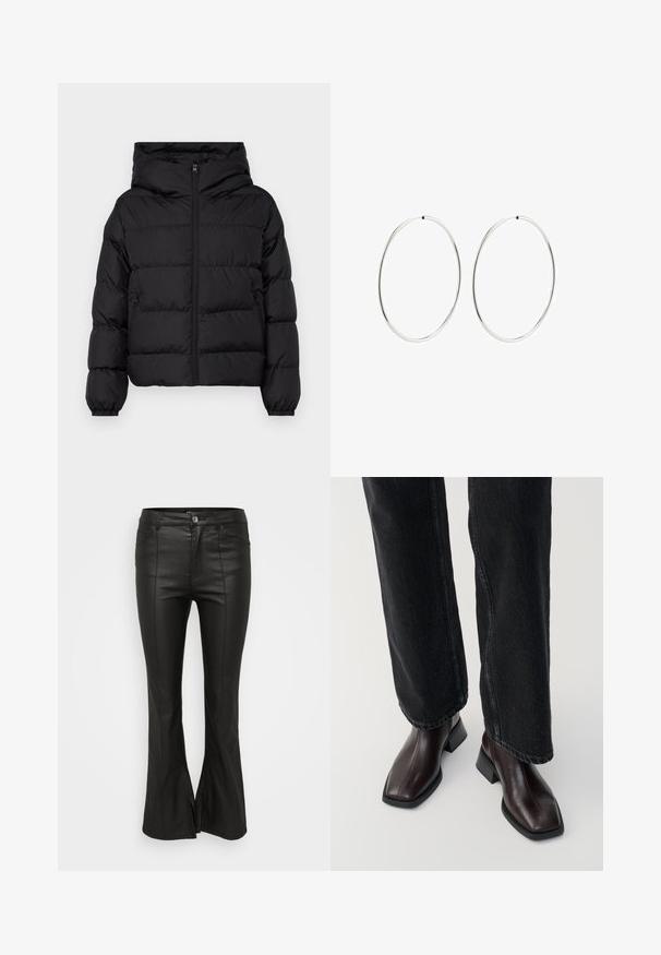 Czarna puchowa kurtka z kapturem; z przodu na zamek, z elastycznymi mankietami i kieszeniami bocznymi; pikowany wzór z gładkim wykończeniem.; Czarny bawełniany t-shirt, krótkie rękawy, okrągły dekolt, luźny krój, gładka tekstura, prosty design, bez wzorów ani akcentów.; Czarne spódnie o szerokim kroju, z błyszczącą, skórzopodobną teksturą, z przednimi kieszeniami, zapięciem na guzik oraz bocznymi rozcięciami u dołu.; Brązowe skórzane botki za kostkę z kwadratowym noskiem i słupkowym obcasem, zestawione z czarnymi spodniami o szerokich nogawkach. Gładka tekstura i minimalistyczny design.; Srebrne kolczyki na kółku o gładkim, okrągłym kształcie i wypolerowanym wykończeniu. Są cienkie i lekkie, z prostym zapięciem.