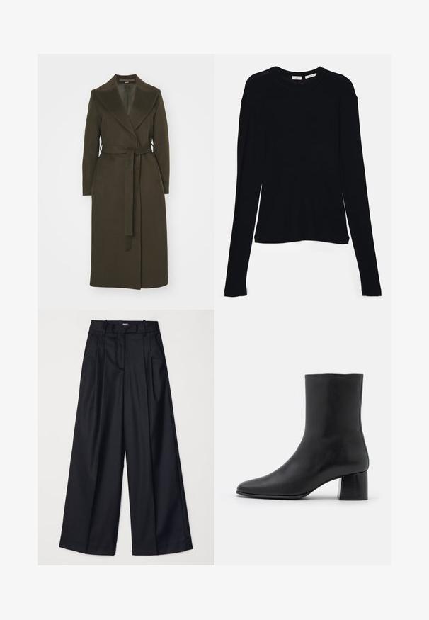 Tiger of Sweden RIMINA - Classic coat - olive extreme; Black long-sleeve top made of soft fabric, featuring a round neckline and a relaxed fit with side slits at the hem for ease of movement.; Black wide-leg trousers made of smooth fabric, featuring a high waist, pleats, and a tailored design. Simple black hardware at the waist.; Black leather ankle boot with a pointed toe and a chunky square heel. Smooth texture with a seamless design and minimalistic stitching.