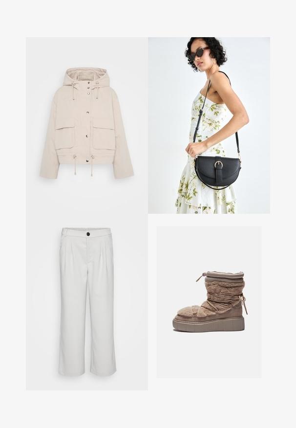 Beige, rövidített dzseki könnyű anyagból, kapucnival, patentgombokkal és két nagy elülső zsebbel, amelyeken zsinórok találhatók az alján.; Fehér kötött ujjatlan felső V-nyakkal, cikkcakk mintával és vékony pántokkal. A textúra könnyű és légies.; Fehér, széles lábú nadrág sima anyagból, plissézett elülső résszel és gombos, rugalmas derékpánttal.; Szőrmés bézs bokacsizma vaskos platform talppal, ráncolt felsőrésszel és rugalmas fűzővel. Cipzáras záródással és puha textúrával rendelkezik.; Fekete bőrtáska ívelt formával, levehető pánttal és arany színű fémrészekkel. A táskán egy csattal díszített fedél található.