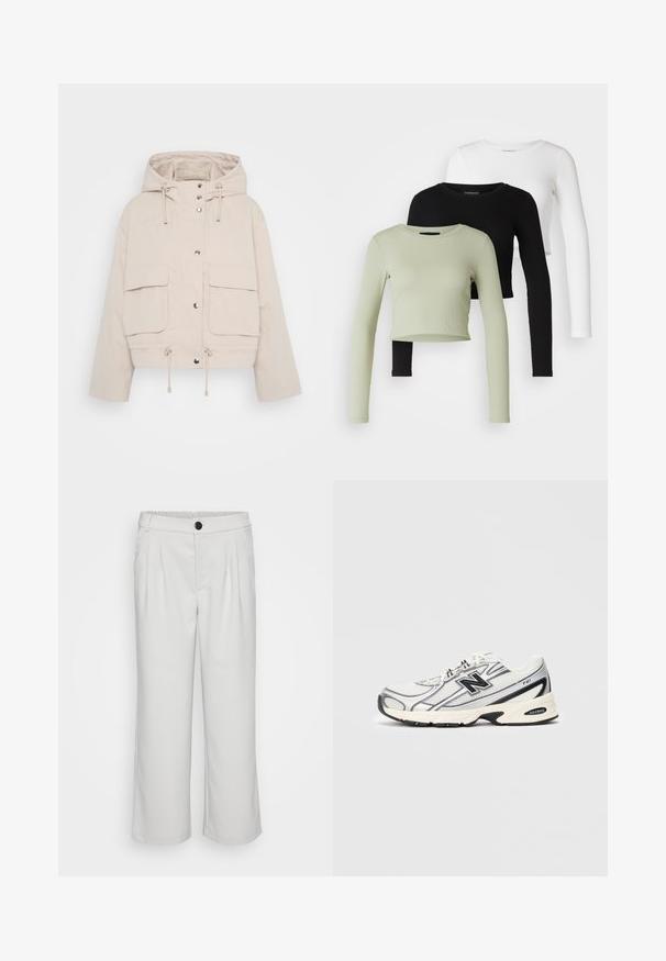 Beige, rövidített dzseki könnyű anyagból, kapucnival, patentgombokkal és két nagy elülső zsebbel, amelyeken zsinórok találhatók az alján.; Even&Odd Petite 3 PACK - Hosszú ujjú felső - black/white/light green; Fehér, széles lábú nadrág sima anyagból, plissézett elülső résszel és gombos, rugalmas derékpánttal.; Fehér és szürke sportcipő fekete "N" logóval, hálós felsőrész, párnázott talp és fűzős kialakítás, világos szürke háttér előtt.