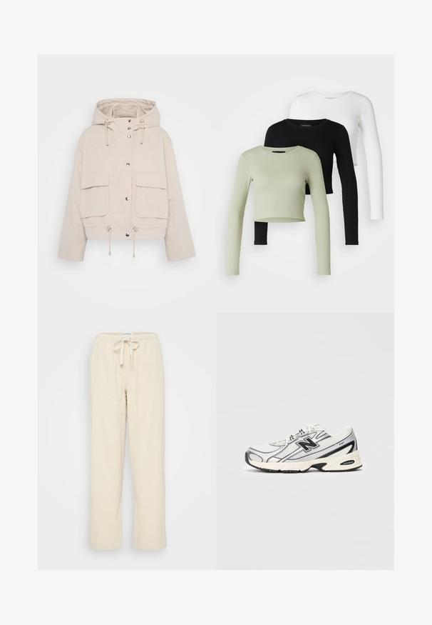 Μπεζ, κοντό μπουφάν από ελαφρύ ύφασμα με κουκούλα, κουμπιά με σνάπ και δύο μεγάλα μπροστινά τσέπες με κορδόνια στο στρίφωμα.; Even&Odd Petite 3 PACK - Μπλούζα με μακριά μανίκια - black/white/light green; Even&Odd Petite Παντελόνι - beige; Λευκό και γκρι αθλητικό sneaker με μαύρο λογότυπο "N", πλεκτό άνω μέρος, μαξιλαρωτή σόλα και σχέδιο με κορδόνια, τοποθετημένο σε απλό ανοιχτό γκρι φόντο.