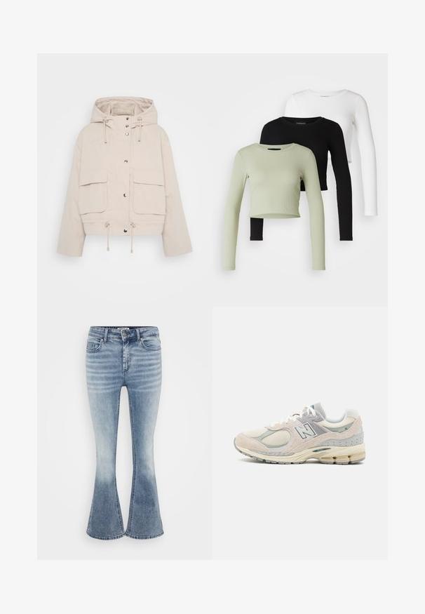 Uma jaqueta curta bege, feita de um tecido leve, apresenta capuz, botões de pressão e dois grandes bolsos frontais com cordões na bainha.; Even&Odd Petite 3 PACK - Camisola de manga comprida - black/white/light green; Calças de ganga azuis claras, com corte à boca de sino, apresentando um design clássico de cinco bolsos, fecho frontal com zipper e um efeito de desbotado suave ao longo das coxas.; Sapatilhas New Balance em cinza claro e bege, com material em camurça e malha, colarinho acolchoado, sola espessa e detalhes refletivos. Design de atacadores.