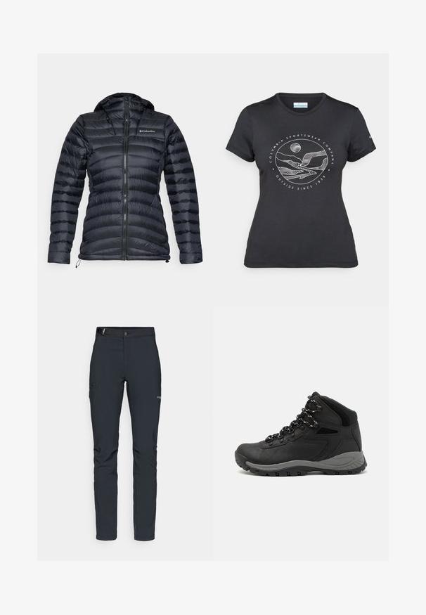 Black insulated jacket with a hood, featuring a quilted design, zip closure, and Columbia branding on the chest. Smooth texture, lightweight.; Black Columbia t-shirt with white circular mountain and river line art and text "Columbia Sportswear Company Outside Since 1938."; Men's outdoor pants, dark gray, made from flexible material, featuring a belt, zippered pockets, and reinforced stitching.; Black hiking boot with a mid-top design, featuring a textured upper, gray accents, and durable rubber sole with traction lugs.