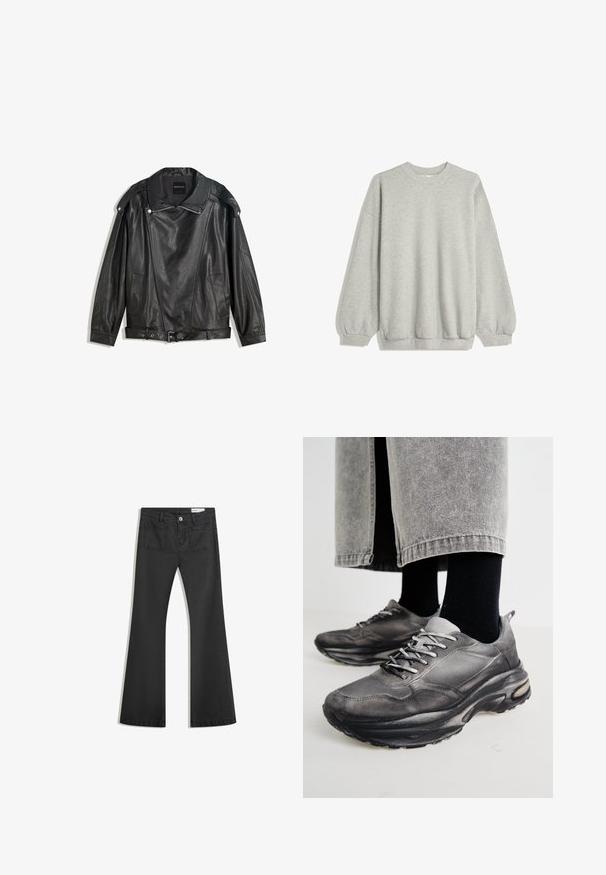 Czarna sztuczna skórzana kurtka motocyklowa z detalami w postaci zamków, z paskiem w talii, napami na epauletach i kieszeniami z przodu, leżąca płasko.; Szara bluza z miękkiego materiału, z okrągłym dekoltem, długimi rękawami z elastycznymi mankietami oraz luźnym krojem. Bez wzorów i akcentów.; Czarne dżinsy w fasonie z dzwonami, wykonane z denimu o gładkiej teksturze, z dwiema tylnymi kieszeniami i zapięciem na guzik w talii.; Czarno-szare buty sportowe mają siatkową cholewkę, grube podeszwy i sznurowadła. Mają zaokrąglony nosek i widoczną poduszkę amortyzującą.