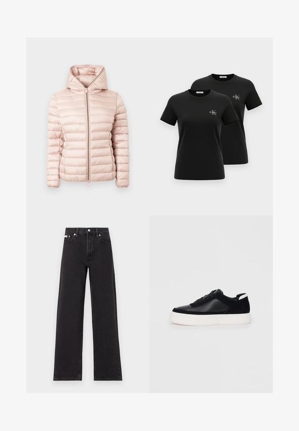 Pehme roosa tepitud jope, millel on kapuuts, tõmblukk ja ribikangas horisontaalse õmblustega detailidega kangal.; Kaks musta lühikese varrukaga ümara kaelusega T-särki, millel on vasakul rinnal väikesed hallid "CK Calvin Klein" logod, esitatuna valgel taustal.; Mustad laiad mustad teksad, millel on kõrge vöökoht, viie tasku stiil ja metallist nööpkinnitus kontrastsete õmblustega.; Mustad mustad spordijalanõud siledast nahast ja sametist paneelidega, lame nööriga, ümar varvas ja valge kummist tallaga. Erakordne logo kontsas.