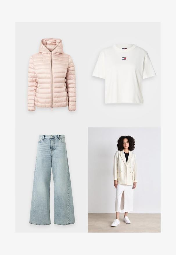 Padded jacket in soft pink featuring a hood, zip closure, and ribbed texture with horizontal stitching detailing across the fabric.; White cotton t-shirt with a crew neckline and short sleeves. Features a small color logo patch with red, blue, and white accents on the chest.; Light blue denim wide-leg jeans with a high waist, featuring a button closure, five pockets, and frayed hem details.; Cream double-breasted blazer with two front pockets, worn over a black top, paired with a white skirt featuring a front slit and white sneakers.