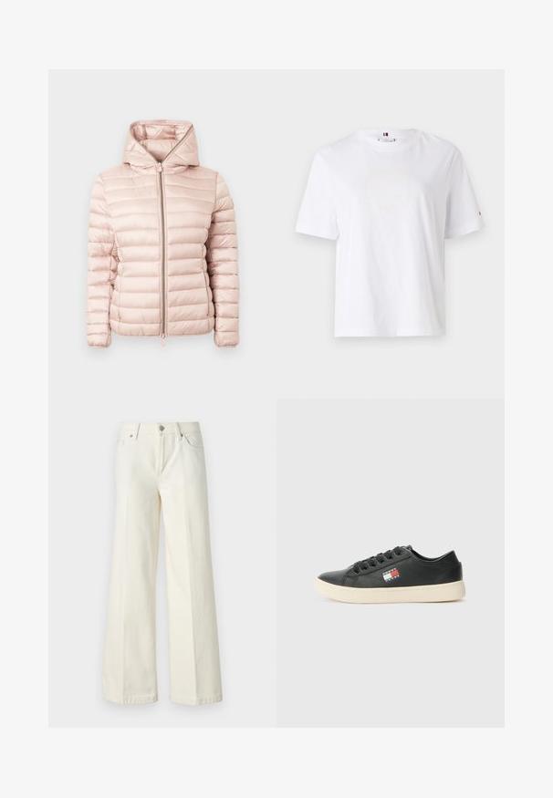 Prešívaná bunda v jemnej ružovej farbe so štýlovou kapucňou, zapínaním na zips a rebrovanou textúrou s horizontálnym prešívaním po celej látke.; Biely bavlnený tričko s okrúhlym výstrihom, krátkymi rukávmi a jemným žltým logom s nápisom "HILFIGER NEW YORK 1985." Štandardný strih.; Biele džínsy s širokými nohavicami vyrobené z bavlnenej zmesi. Majú zips, päť vreciek a švy so zafarbením.; Čierne kožené tenisky majú bielu gumovú podrážku a bočný logopatch s červenými a modrými akcentmi. Klasický dizajn na šnurovanie s okrúhlou špičkou.