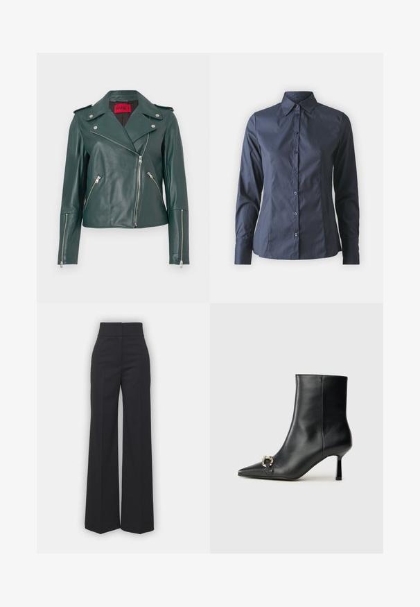 Green leather biker jacket with silver zippers, epaulettes, and a tailored fit. Features a wide collar and angled side pockets.; Navy blue long-sleeve shirt with button-up front, pointed collar, and a tailored fit. Made of smooth, lightweight fabric.; Wide-leg trousers in black fabric with a high waistband, featuring a clean finish and smooth texture. No visible hardware or patterns.; Black leather ankle boot with pointed toe, slim mid-height heel, and silver buckle detail on side against plain background.