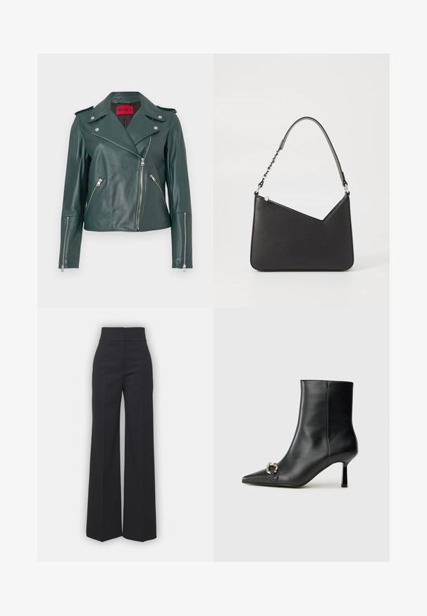 Groene leren motorjas met zilveren ritsen, epauletten en een getailleerde pasvorm. Heeft een brede kraag en schuine zijzakken.; Marineblauwe shirt met lange mouwen, knoopsluiting aan de voorkant, puntkraag en een getailleerde pasvorm. Gemaakt van soepel, lichtgewicht stof.; Wijdvallende broek in zwarte stof met een hoge tailleband, met een schone afwerking en een gladde textuur. Geen zichtbare hardware of patronen.; Zwarte leren enkelboot met spitse neus, slanke middenhoge hak en zilveren gespdetail aan de zijkant op een effen achtergrond.; Zwart leren handtas met een driehoekige vorm, een slanke strap en zilveren hardware. Voorzien van een ritssluiting en een reliëflogo op de voorkant.