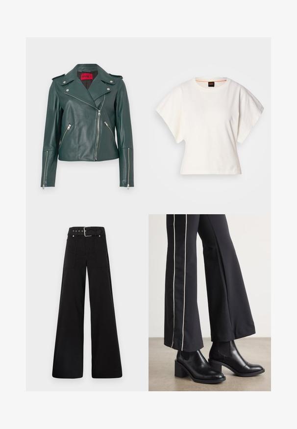 Žalia odinė motociklininko striukė su sidabro spalvos užtrauktukais, petnešomis ir pritaikyta forma. Yra platus apykaklė ir pasvirusios šoninės kišenės.; Baltas trumpas marškinėliai, plačios trumpomis rankovėmis, minkšta medvilnė, apvali kaklo iškirptė su subtiliu oranžiniu apvadu, minimalus dizainas, be raštų ar grafikų.; Juodos plačios kojų kelnės, pagamintos iš medvilnės, su aukšta liemene, didelėmis šoninėmis kišenėmis ir diržu, papuoštu sidabriniais akcentais.; Juodi odiniai auliniai batai su plataus bloko kulnu, turintys elastines šonines dalis. Sukomplektuoti su juodomis kelnėmis, turinčiomis baltą šoninės juostą.