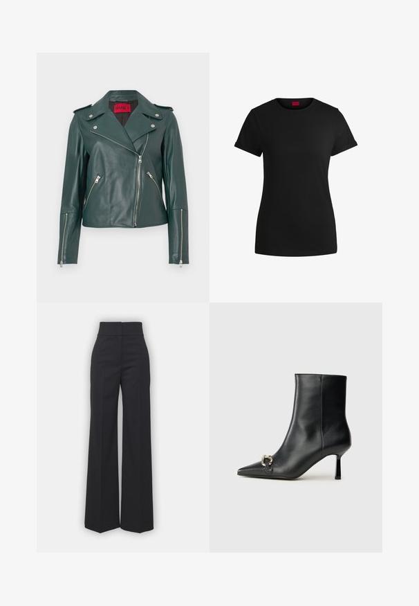 Žalia odinė motociklininko striukė su sidabro spalvos užtrauktukais, petnešomis ir pritaikyta forma. Yra platus apykaklė ir pasvirusios šoninės kišenės.; Juodas medvilninis marškinėlis su trumpomis sukamuojamomis rankovėmis, apvaliu iškirpimu ir raudona etikete. Lygus audinys, prigludusi forma su minimaliais papuošimais.; Juodos plačios kojinės kelnės su aukštu juosmeniu, turinčios švarų apdailą ir lygų paviršių. Matomi jokių metalinių detalių ar raštų.; Juodas odinis apavas iki kulkšnies su smailiu nosiu, plonu vidutinio aukščio kulnu ir sidabriniu sagties akcentu šone, prieš paprastą foną.