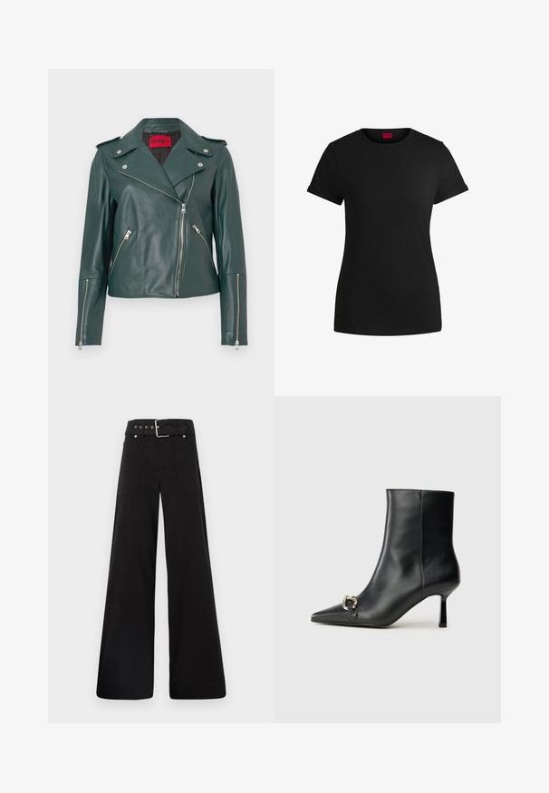 Zelena usnjena motoristična jakna s srebrnimi zadrgami, epolete in prilagojeno krojeno. Ima širok ovratnik in poševne stranske žepke.; Črna bombažna majica s kratkimi zavihanimi rokavi, okroglo izrezom in rdečo oznako. Gladka tekstura, prilegan kroj z minimalnimi detajli.; Črne široke hlače iz bombaža, z visokim pasom, velikimi stranskimi žepi in pasom s sponko ter srebrnimi dodatki.; Črne usnjene gležnjarje s koničastim nosom, ozkim srednjem petam in srebrno zaponko na strani na enobarvni podlagi.