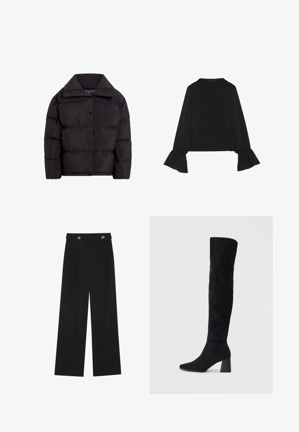 Must melne puhvis jope kõrge kraega, millel on lukuga esiosa ja nööbid, valmistatud siledast, isoleeritud kangast, millel on puhvis osad.; Mustsärgid musta tooniga, pika varrukaga, flöödid käised, pehme tekstuur ja vabalt langev lõige, lihtsa ümaraga kaelusega.; Mustad laiad püksid kõrge vöökoha ja nööpdetailidega vööandil, esikortsudega.; Must must ümberpööratud musta nahast põlve kõrgune saapad blokknõelaga, terava varbaga ja sujuva, õmblusteta disainiga, asetatud heledale taustale.