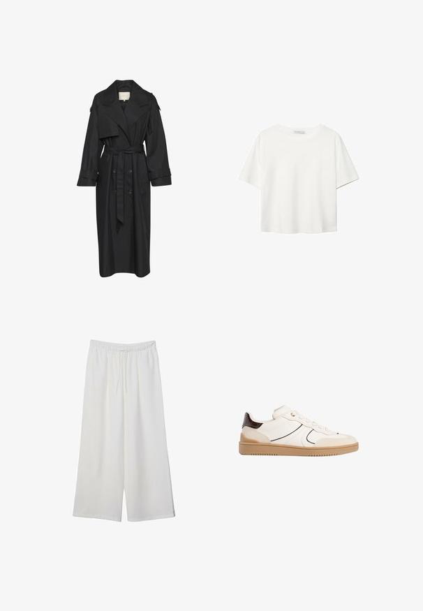 Sort trenchcoat med en dobbeltknappet front, bred krave, belted talje og lange ærmer. Fremstillet af glat, letvægtsstof.; Hvid kortærmet t-shirt lavet af bomuld. Har en rund halsudskæring og en afslappet pasform. Glat tekstur uden synlige mønstre eller detaljer.; Hvide vidde bukser lavet af letvægtsstof, med en elastisk talje og snøre for justerbar pasform. Glat tekstur.; Stradivarius Sneakers - white