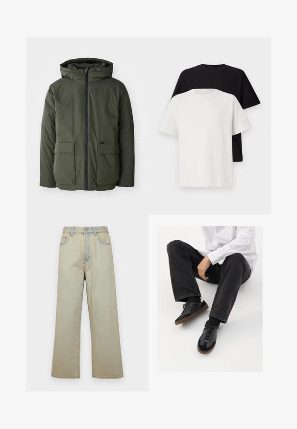 Zielonooliwkowa kurtka ocieplana z kapturem, z przodu na zamek błyskawiczny, z dwiema dużymi kieszeniami naszytymi. Wykonana z gładkiego, wodoodpornego materiału.; Zestaw bawełnianych t-shirtów zawierający czarną i białą koszulkę, obie z krótkimi rękawami, okrągłym dekoltem i standardowym krojem. Teksturowana tkanina.; Jasnoniebieskie dżinsy o szerokich nogawkach, wykonane z denimu z wyblakłym wykończeniem. Posiadają pięć kieszeni i zapięcie na guziki z przodu.; Czarne sneakersy z gładką i textured cholewką, z gumową podeszwą i ciemnymi sznurowadłami. Połączone z czarnymi dżinsami i bluzką w białe paski.