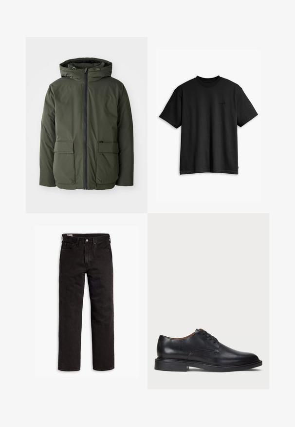 Olivovo zelená izolovaná bunda s kapucňou, predným zipsom a dvoma veľkými vreckami. Vyrobená z hladkého, vodeodolného materiálu.; Čierne bavlnené tričko s okrúhlym výstrihom a krátkymi rukávmi. Obsahuje decentné logo na prednej strane a rovný lem. Jednoduchý a minimalistický dizajn.; Čierne džínsy s rovnými nohavicami, s piatimi vreckami, s rozopínaním na gombík a pútkami na opasok, položené na bielom pozadí.; Čierne kožené spoločenské topánky s okrúhlym špičkou, šnurovacím dizajnom a nízkym zloženým podpätkom. Hladký povrch s minimálnymi švovými detailmi.