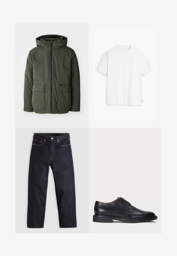 Zielonooliwkowa kurtka ocieplana z kapturem, z przodu na zamek błyskawiczny, z dwiema dużymi kieszeniami naszytymi. Wykonana z gładkiego, wodoodpornego materiału.; Biała bawełniana koszulka z krótkim rękawem, okrągłym dekoltem i dyskretnym logo Levi's nadrukowanym na środku. Miękka tekstura i standardowy krój.; Granatowe dżinsy w prostym kroju, z pięcioma kieszeniami, kontrastującymi pomarańczowymi szwami oraz zapięciem na guzik. Brak widocznych wzorów lub zdobień.; Czarne skórzane buty wizytowe z okrągłym noskiem, sznurowanym zapięciem i niskim, warstwowym obcasem. Gładka faktura z minimalnymi detalami stębnowania.