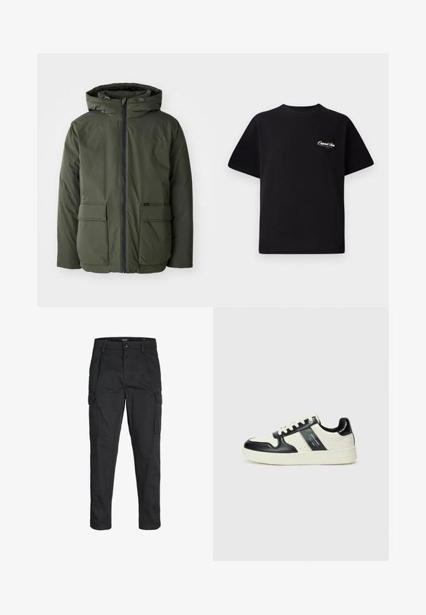 Olive green insulated jacket with a hood, front zipper, and two large patch pockets. Made of smooth, water-resistant material.; Black cotton t-shirt featuring a crew neckline, short sleeves, and small white logo text on the left chest. Simple design, classic fit.; Black cargo pants made of sturdy fabric, featuring multiple pockets, a button closure, and a slim fit design with tapered legs.; Leather sneakers with a black and cream color scheme, featuring perforated accents, a padded collar, and a textured outsole.