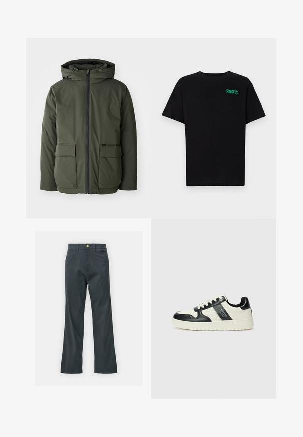 Oliven grøn isoleret jakke med hætte, frontlynlås og to store påsyede lommer. Fremstillet af glat, vandafvisende materiale.; Sort t-shirt lavet af bomuld med korte ærmer. Har et grønt "ROOTS" logo på forsiden, rund halsudskæring og almindelig pasform.; Sorte bukser med lige ben, lavet af en bomuldsblandingsstof. Har en metalknaplukning og sidelommer. Ingen synlige mønstre.; Lædersneakers i sort og creme farveskema, med perforerede detaljer, en polstret krave og en struktureret ydersål.