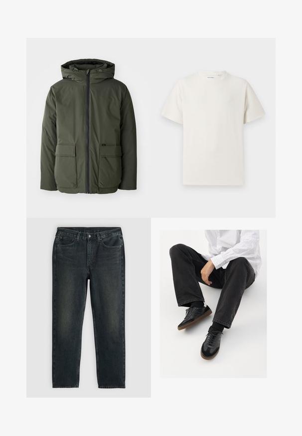 Oliven grøn isoleret jakke med hætte, frontlynlås og to store påsyede lommer. Fremstillet af glat, vandafvisende materiale.; Hvid kortærmet T-shirt i ribbet tekstur. Rund halsudskæring, løs pasform, ingen synlige mønstre eller accenter. Enkel og alsidig design.; Mørkeblå denimjeans med lige ben, der har fem lommer, lynlås og kontrasterende syninger. Diskret falming på stoffet.; Sorte sneakers med en glat og tekstureret overdel, der har en gummisål og mørke snørebånd. Bæret sammen med sorte jeans og en hvid stribet skjorte.