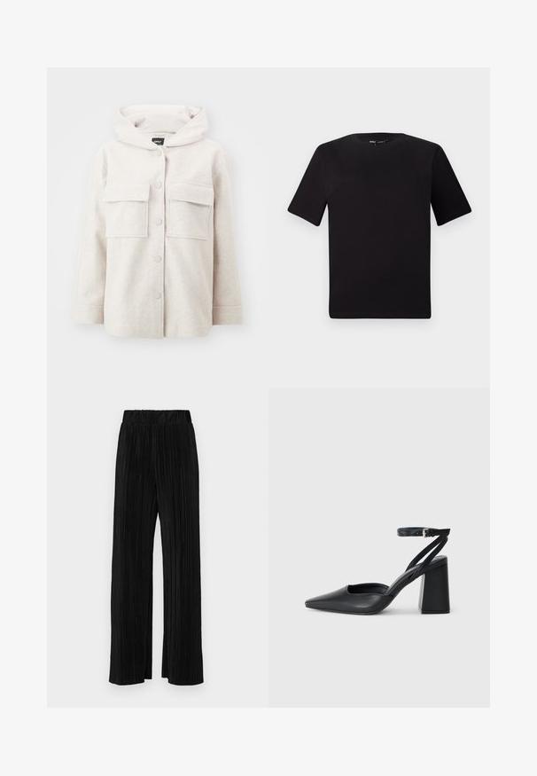 Helebeige kapuutsiga jakk pehmest materjalist, millel on kaks esist estrategia taskut ja nööpklõpsuga sulgemine. Sirge lõige pika varrukaga.; Must olema lühikeste varrukatega must t-särk ümmarguse kaelusega, valmistatud pehmest puuvillast kangast. Lihtne disain, ilma nähtavate logode või mustriteta.; Mustad pleekitud püksid elastse vöökohtaga. Omavad laiad jalad ja sujuvat, tekstureeritud kangast vertikaalsete triipudega.; Mustmustest must-käigukingad, millel on konksuga nöör ja paks konts. Ühtlane tekstuur, stiilne disain ja minimalistlik esteetika.