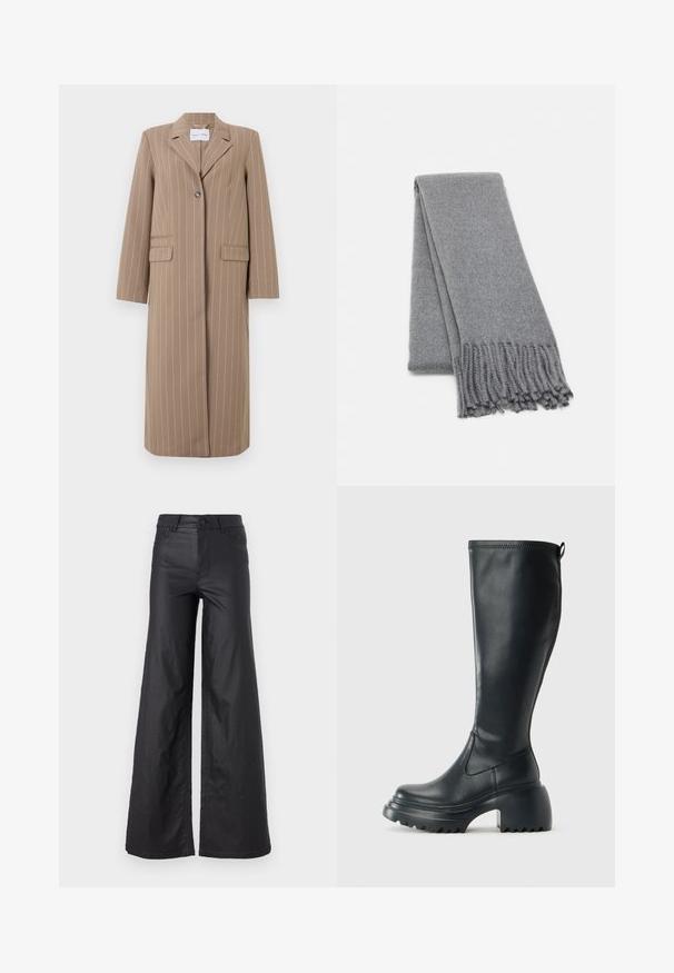 Hnědý pruhovaný dlouhý blejzr s klopovým límcem, zapínáním na jeden knoflík a dvěma předními kapsami. Hladká tkanina a střih na míru.; Černý žebrovaný dlouhý rukáv těsně padnoucí svetr s kulatým výstřihem, vystavený na jednoduchém světlém pozadí.; Černé kalhoty s širokými nohavicemi ze syntetické kůže. Mají vysoký pás, poutka na opasek, dvě přední kapsy a prošívané detaily.; Vysoká černá kožená bota s masivní platformou a blokovým podpatkem, s poutkem a texturovaným vzorkem na podrážce.; Šedý vlněný šál s jemnou texturou, zdobený třásněmi a jednoduchým designem. Pečlivě složený, ukazuje svůj prodloužený tvar.