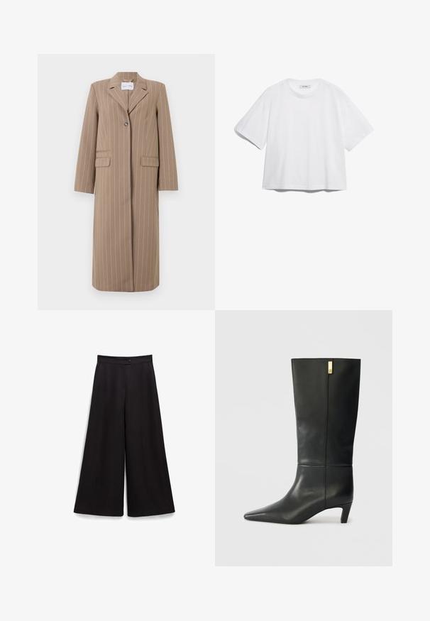 Blazer long rayé brun avec un revers cranté, fermeture à un bouton, et deux poches avant. Tissu lisse et coupe ajustée.; T-shirt en coton blanc avec des manches courtes, un col rond, une coupe décontractée, et sans motifs ni graphiques visibles. Texture lisse et design simple.; Pantalons larges noirs avec une texture lisse, une fermeture à bouton à la taille et une coupe décontractée. Pas de motifs ni d'accents visibles.; Botte noire en cuir, montant jusqu'au genou, avec un bout pointu et un petit talon. Design épuré avec un détail en accent doré. Texture lisse.