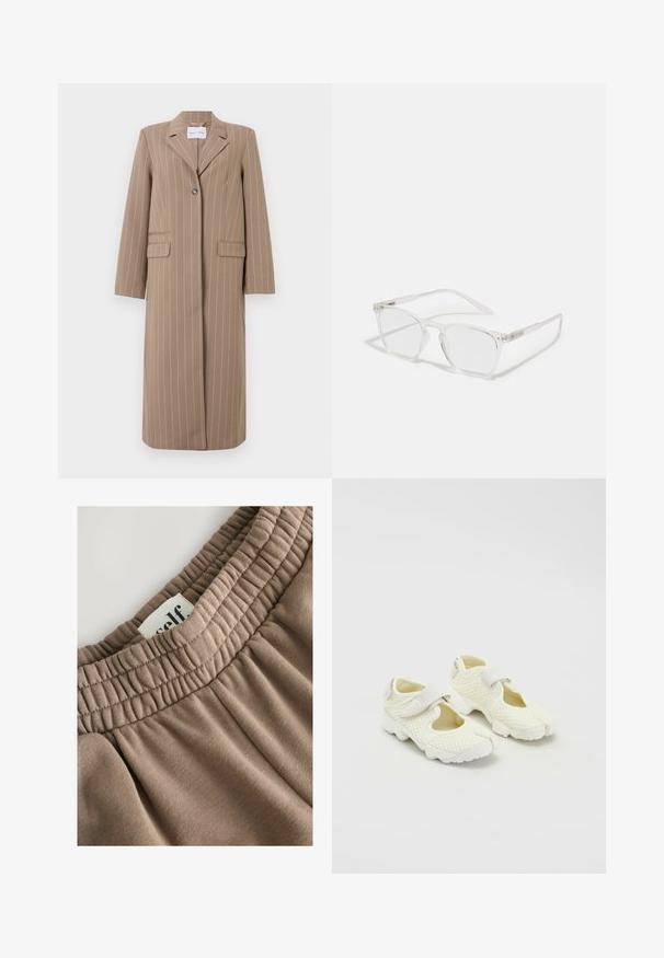 Braun gestreifter langer Blazer mit Reverskragen, einreihigem Knopfverschluss und zwei Fronttaschen. Glattes Material und taillierte Passform.; Weißes Baumwoll-Tanktop mit breiten Schulterträgern, einem runden Halsausschnitt und einer glatten, gerippten Textur. Keine Muster oder Akzente vorhanden.; Brauner elastischer Bund mit gerafftem Textur, angenähter Aufkleber mit der Aufschrift "self" und weichem Stoff, der eine glatte Oberfläche und einen neutralen Farbton aufweist.; Weiße Mesh-Schuhe mit einem strukturierten Design, ausgestattet mit einem Klettverschluss und ausgeschnittenen Seiten, strukturiertem Stoff und einer klobigen Sohle.; CHPO ZEBBE UNISEX - Blue Light Brillen - transperent