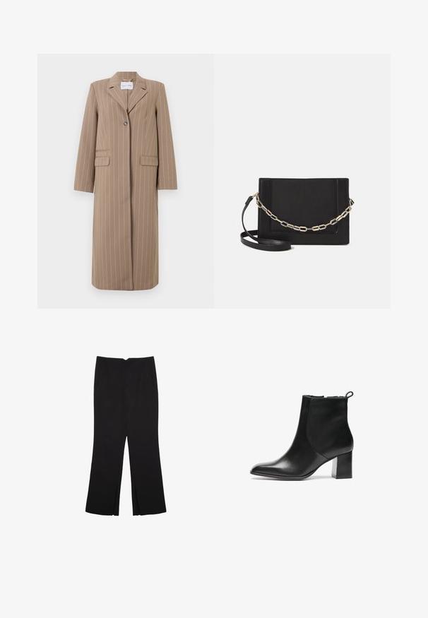 Blazer lungo a righe marroni con rever a punta, chiusura con un bottone e due tasche frontali. Tessuto liscio e vestibilità sagomata.; T-shirt bianco realizzato in un tessuto morbido e leggero. Presenta un collo rotondo e maniche corte e larghe con vestibilità morbida. Nessun motivo visibile.; Pantaloni neri a gamba dritta, con tasche frontali e spacchi laterali all'orlo. Realizzati in tessuto morbido e liscio. Adatti a diverse occasioni.; Stivale alla caviglia in pelle nera con punta arrotondata, tacco largo di media altezza e linguetta sul retro. Texture liscia, design minimale.; Borsa a tracolla nera in pelle con una texture liscia, forma rettangolare e dettaglio in catena metallica sul davanti. Inclusa una tracolla regolabile.