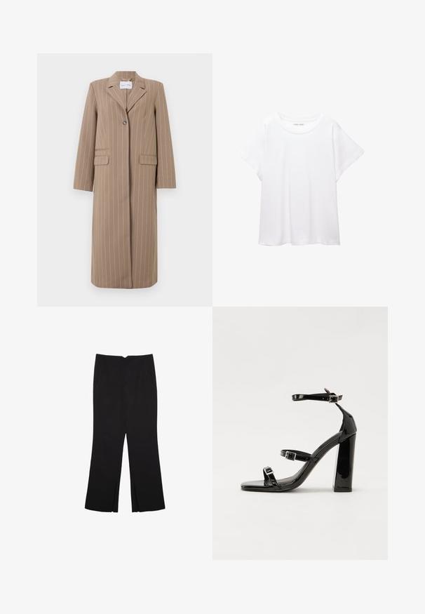 Brązowy w pasiaki długi żakiet z klapami, pojedynczym zapięciem na guzik i dwiema przednimi kieszeniami. Gładki materiał i dopasowany krój.; Biała koszulka wykonana z miękkiej, lekkiej tkaniny. Posiada okrągły dekolt oraz krótkie, szerokie rękawy, zapewniające luźny krój. Brak widocznych wzorów.; Czarne spodnie o prostym kroju, z przednimi kieszeniami i bocznymi rozcięciami na dole. Wykonane z miękkiego, gładkiego materiału. Odpowiednie na różne okazje.; Czarne lakierowane sandały na obcasie z kwadratowym noskiem, z paskami wokół kostki i srebrnymi klamrami. Posiadają masywny słupek dla stabilności.