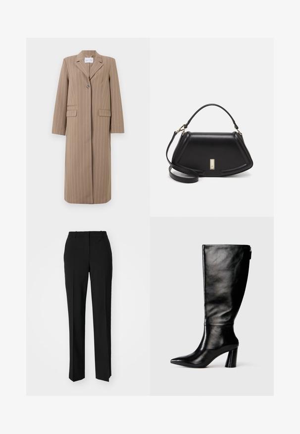 Bruine gestreepte lange blazer met een kraag met inkeping, enkele knoopsluiting en twee voorzakken. Glad materiaal en een tailormade pasvorm.; Witte longsleeve shirt van ribstof, met een ronde halslijn en een getailleerde vorm. Er zijn geen patronen of accenten aanwezig.; Zwarte op maat gemaakte broek met een recht model, voorzien van een soepele textuur en scherpe plooien aan de voorkant. Geen zichtbare hardware.; Zwart leren laars tot de knie met een puntige neus, gladde textuur en een chunky hak. Bevat een ritsdetail aan de achterkant.; Zwarte leren handtas met een gestructureerd ontwerp, featuring een verkorte vorm, bovenhandvat en gouden hardwareaccent. Inclusief verstelbare schouderband.