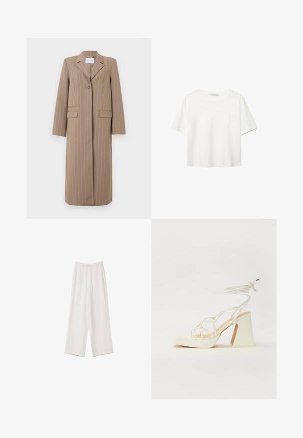 Brown striped long blazer with a notched lapel, single button closure, and two front pockets. Smooth fabric and tailored fit.; White short-sleeve t-shirt made of cotton. Features a crew neckline and a relaxed fit. Smooth texture with no visible patterns or accents.; White wide-leg trousers made from a lightweight fabric. Features an elastic waistband with a drawstring and side pockets. Smooth texture.; White high-heeled sandal with a chunky heel, featuring a strappy design and ankle tie. Smooth texture with a platform front for added height.
