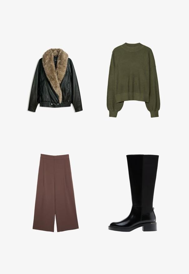 Giacca di pelle nera con colletto in pelliccia sintetica staccabile beige, vita elastica e due bottoni frontali. Presenta maniche lunghe e una texture liscia.; Maglione lavorato a maglia verde oliva con scollo rotondo, spalle scese e maniche lunghe a sbuffo, con un design corto e polsini a costine.; Pantaloni ampi marroni con una texture liscia, caratterizzati da una vita alta e pieghe frontali. Il tessuto è leggero e scorre liberamente.; Stivale nero fino al ginocchio in pelle liscia, con evidenti cuciture, tacco spesso e pannello posteriore testurizzato per un tocco di interesse in più.